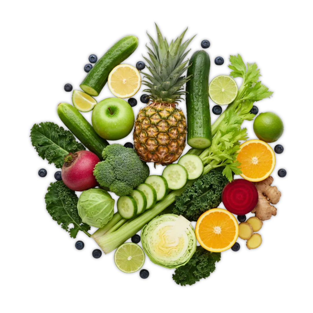 Fresh celery, cucumber, citrus, pineapple, berries, and leafy greens used for cold-pressed juice